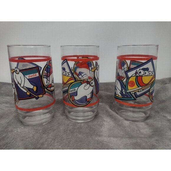 Coca-Cola Coke Polar Bear Glasses Tumbler Vintage Winter Sports 1995 3-Piece Set - Picture 2 of 10